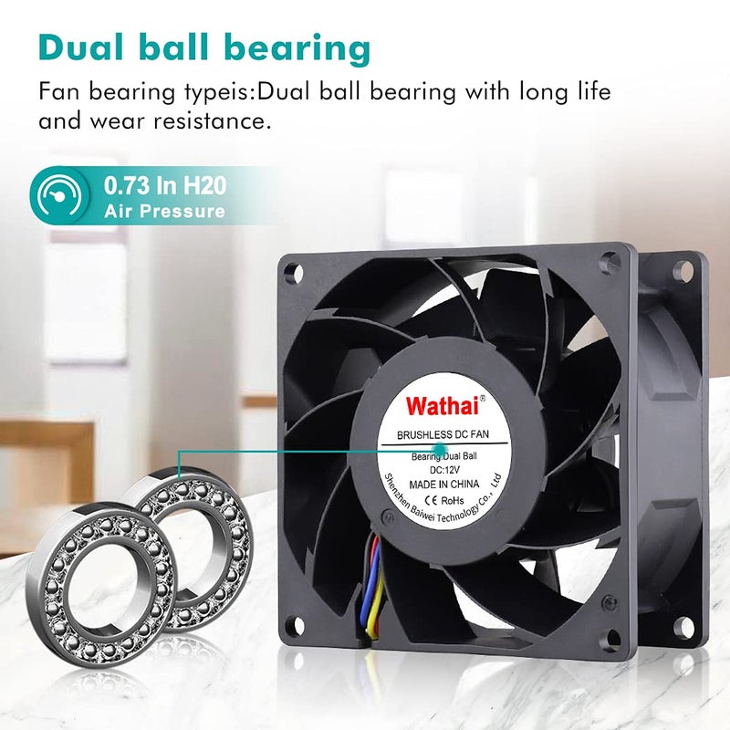 Wathai 80mm x 38mm High Static Pressure Fan 12V 4 Pin Dual Ball PWM 8038 High CFM for PC CPU Cooler GPU Server Computerc Case Cooling - Image 2